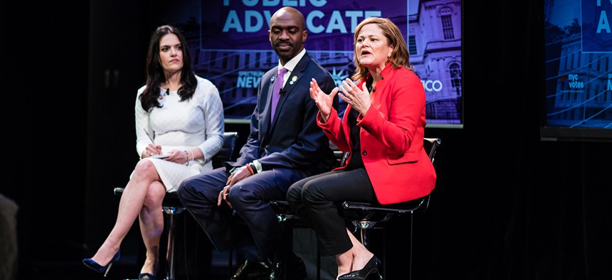 New York City public advocate candidates Nomiki Konst, Michael Blake and Melissa Mark-Viverito during the second official debate.