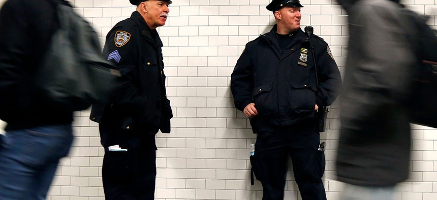 New York Police Department officers patrolling the city's subway system.