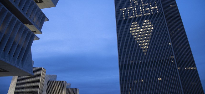 Corning Tower is lit up with NY Tough at the Empire State Plaza in Albany.