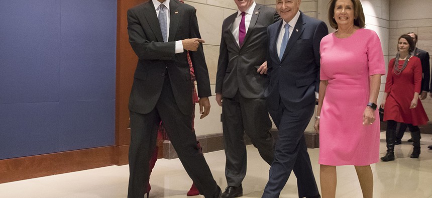 US President Barack Obama with Rep. Joe Crowley (left), Sen. Chuck Schumer (center) and House Minority Leader Nancy Pelosi (right) in January, 2017.
