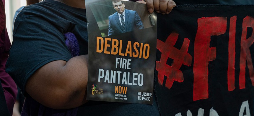 A rally and press conference demanding the termination of NYPD officer Daniel Pantaleo in early August.