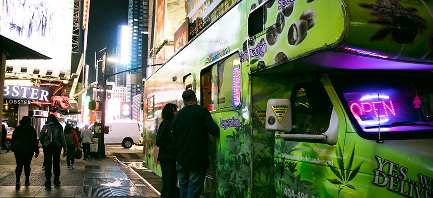 A weed truck in Times Square.