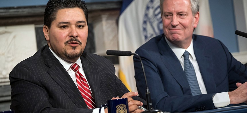 New York City Schools Chancellor Richard A. Carranza and Mayor Bill de Blasio.