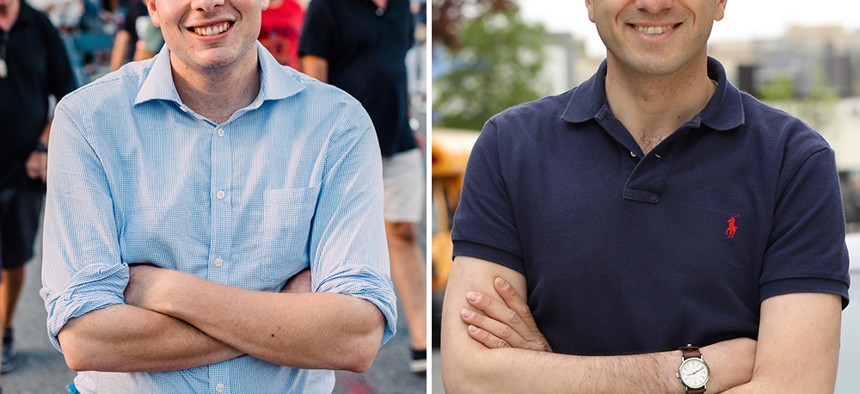 Ross Barkan and Andrew Gounardes stand with their arms crossed. 