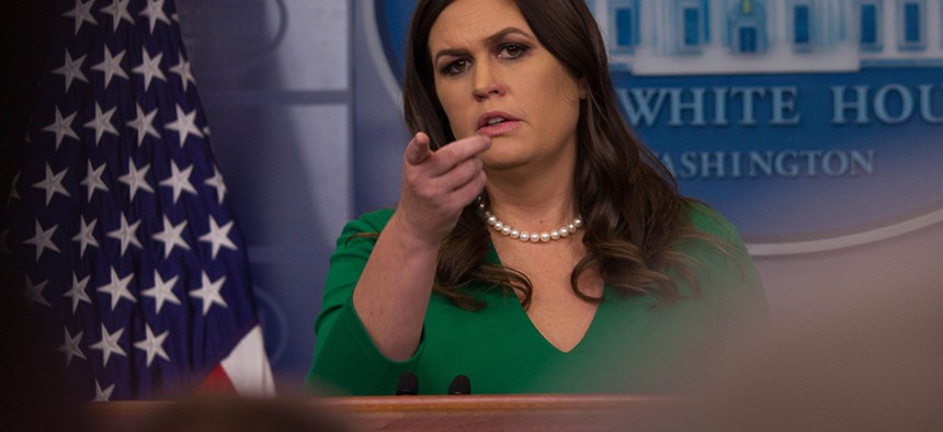 White House press secretary Sarah Huckabee Sanders takes questions from reporters.