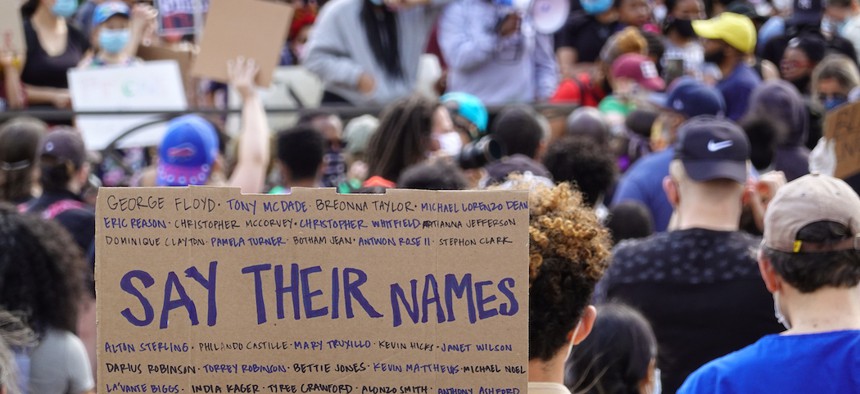 A protestor's sign in Harlem on June 7, 2020 listing the names of lives lost due to police brutality.