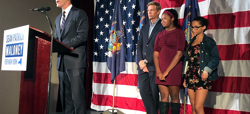 Sean Patrick Maloney, with his family, concedes the New York Democratic AG primary to Letitia James.