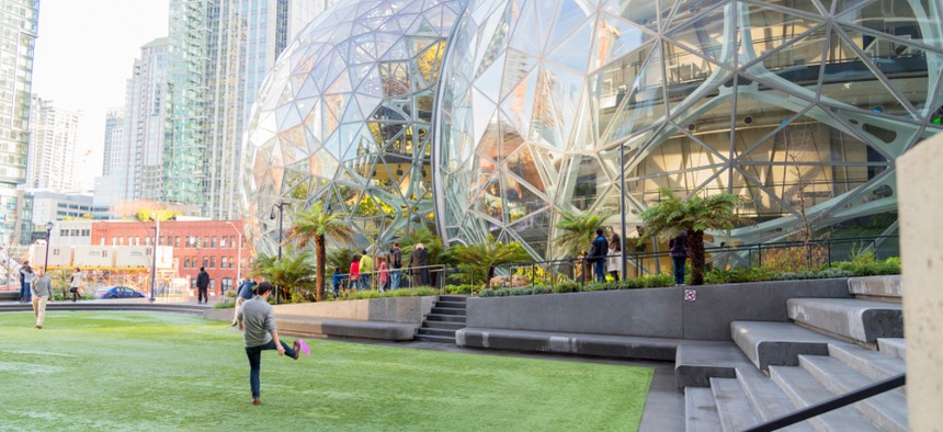 Amazon's Seattle headquarters, featuring two large glass domes. 