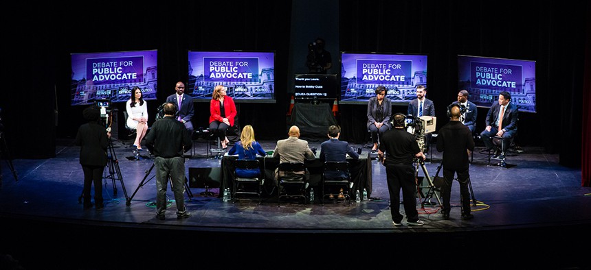 The candidates and NY1 crew during the second official public advocate debate.