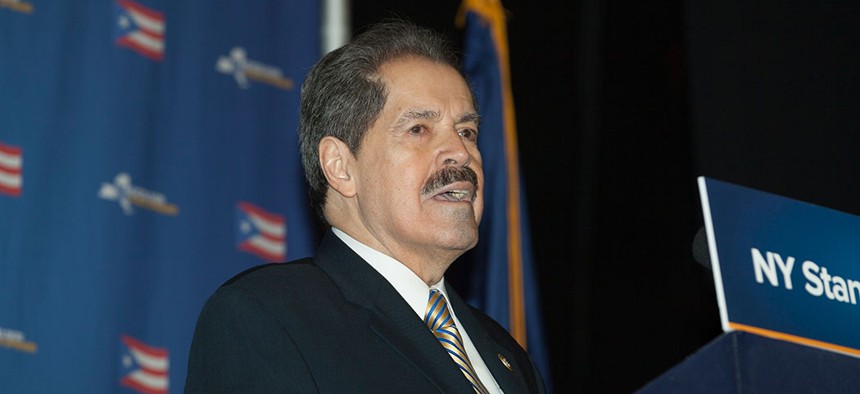 Congressman Jose Serrano speaking at a New York stands with Puerto Rico rally in 2018.