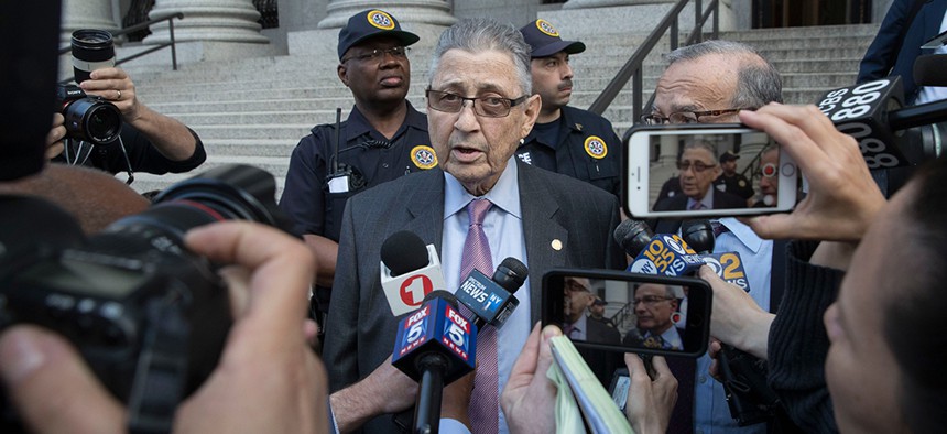Former New York Assembly Speaker Sheldon Silver speaks to reporters outside federal court after he was convicted of public corruption charges for a second time.