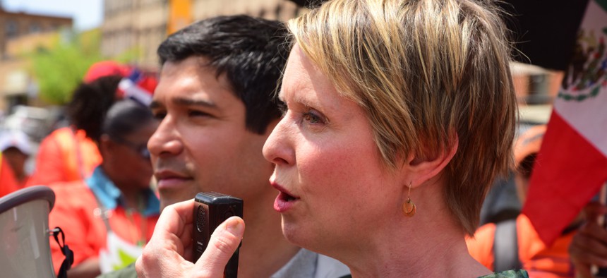 Gubernatorial candidate Cynthia Nixon at a rally with New York City Councilman Carlos Menchaca.