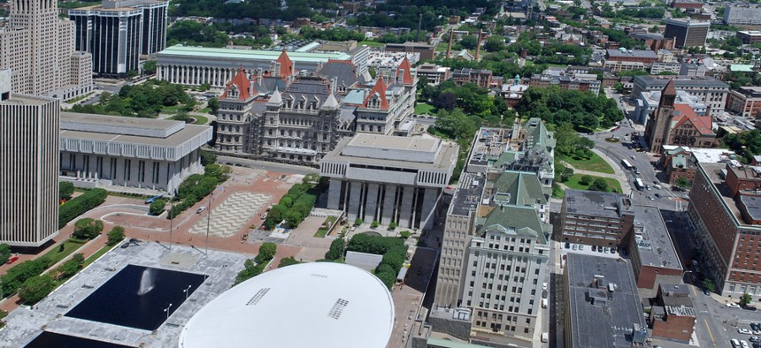 An aerial view of the Capitol in Albany