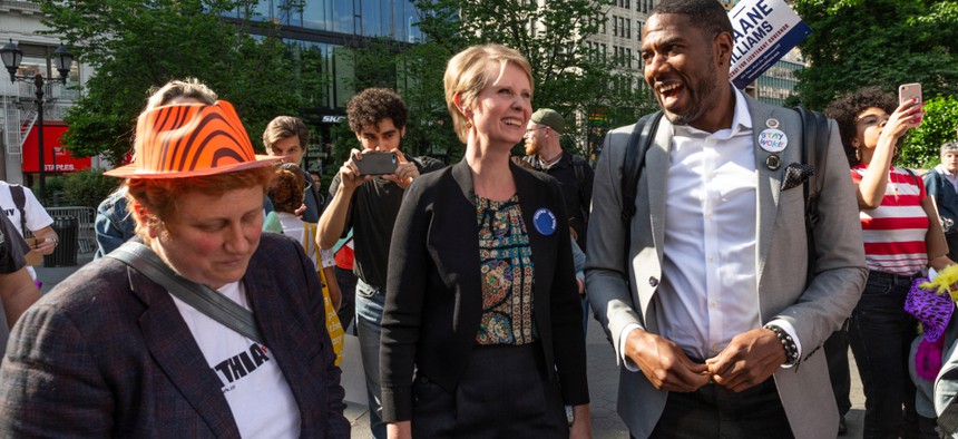 Cynthia Nixon and New York City Councilman Jumaane Willims at a rally in Union Square.