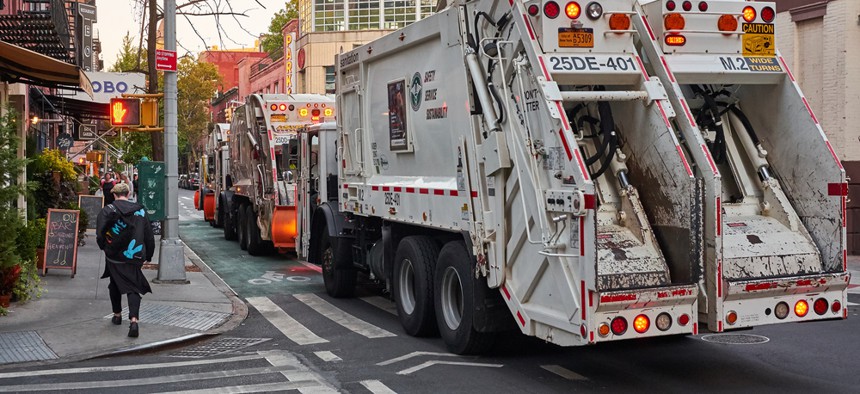 Garbage trucks in New York City.