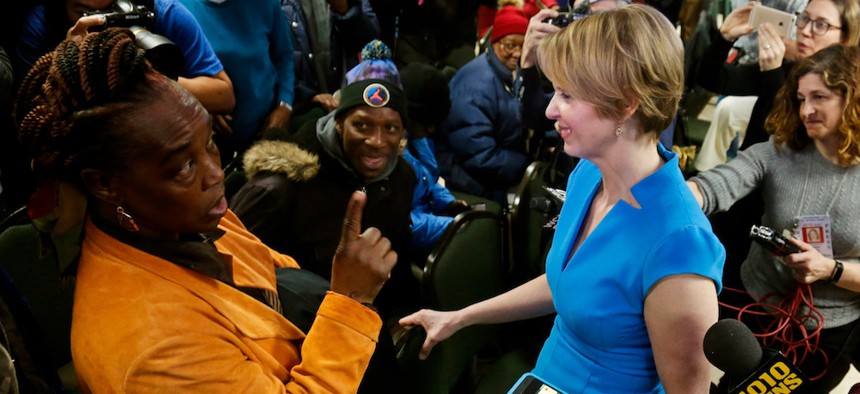 New York candidate for governor Cynthia Nixon meets residents after speaking at her first campaign stop in March at the Bethesda Healing Center church in the Brownsville section of Brooklyn.
