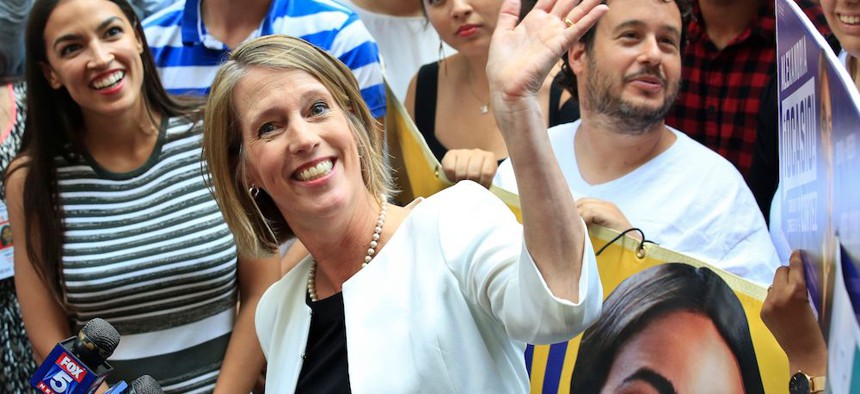 Alexandria Ocasio-Cortez, left, endorses Zephyr Teachout for attorney general in lower Manhattan on July 12.