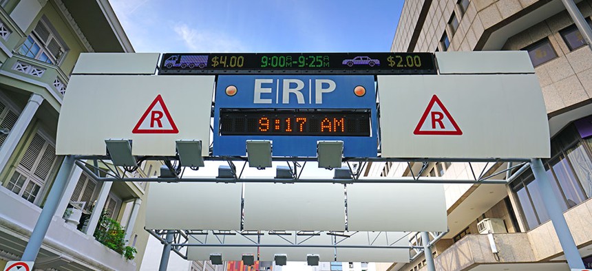 An Electronic Road Pricing (ERP) toll on the street in Singapore.