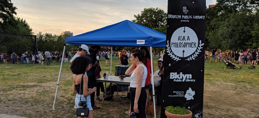 The "Ask a Philosopher" booth presented by the Brooklyn Public Library.