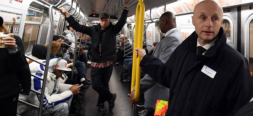 Metropolitan Transportation Authority president Andy Byford on the subway.