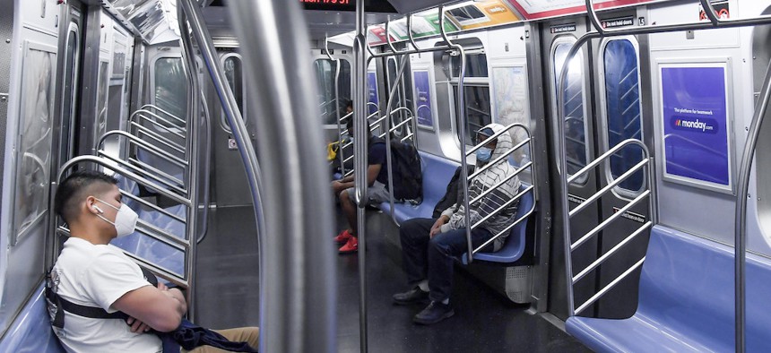 A subway car on June 8th during phase 1 of reopening.