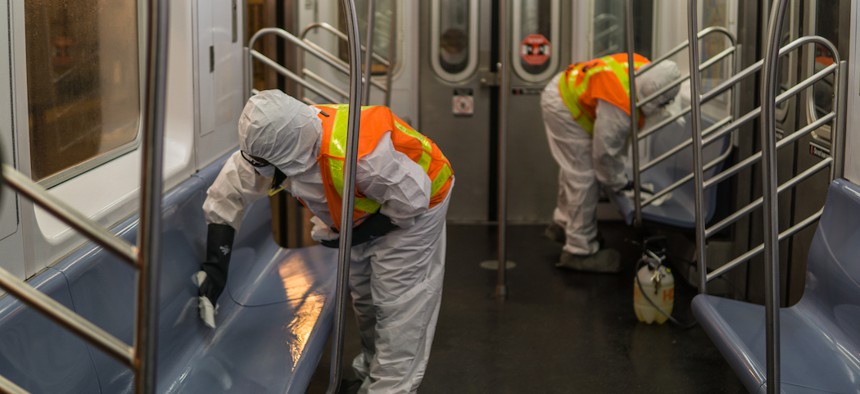 Subway cars being disinfected overnight on May 5, 2020.