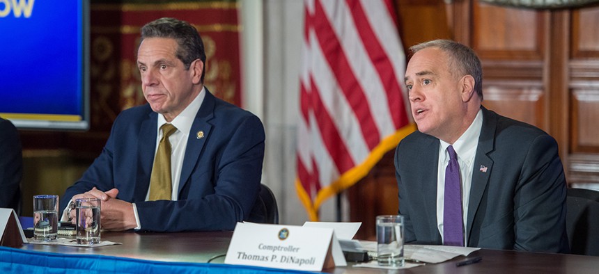 New York Comptroller Thomas DiNapoli and Gov. Andrew Cuomo deliver an update on the budget shortfall. 