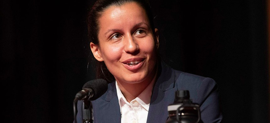 Tiffany Cabán speaks during a Queens District Attorney candidates forum at St. John's University.