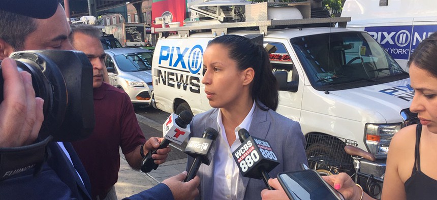 Tiffany Cabán speaks with news outlets the morning after the primary election.