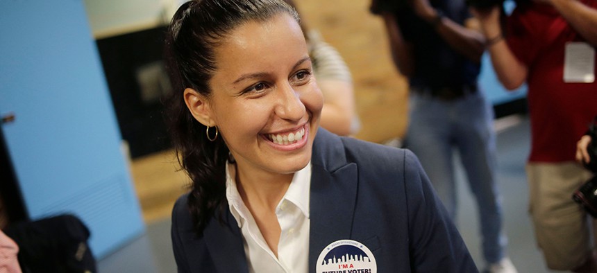 Tiffany Cabán campaigning on the day of the Queens District Attorney primary.