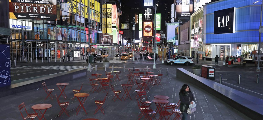 A nearly vacant Times Square on Monday.