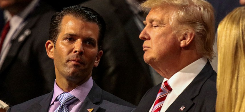 President Donald Trump and Donald Trump Jr. at the Republican National Convention in 2016.