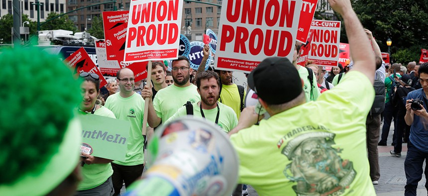 Organized labor members protest the U.S. Supreme Court's ruling in the Janus case in lower Manhattan.