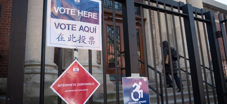 A 'vote here' sign outside of the Park Slope library in Brooklyn for Tuesday's public advocate special election.