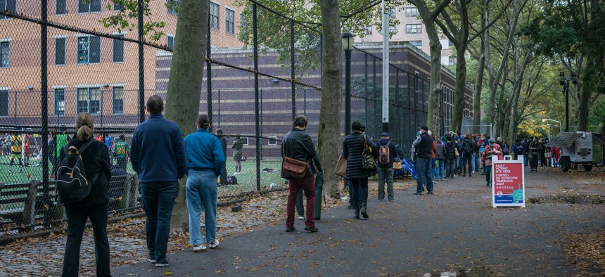 New Yorkers line up to vote at Upper West Side High School on October 28th.