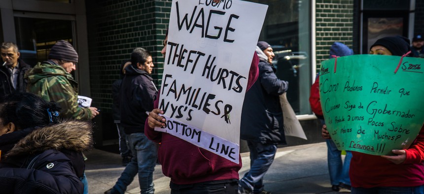 Protestors during the Workers Against Wage Theft protest in New York City earlier this year.