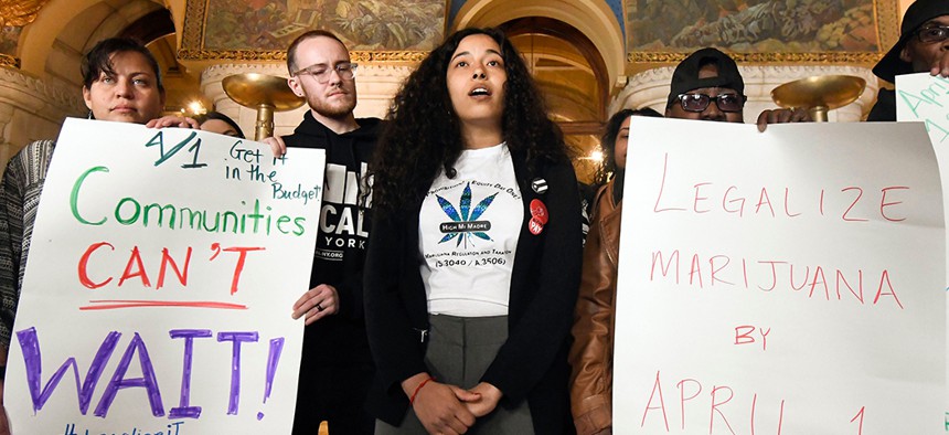 Email Ramos of High Mi Madre Co-Operative urges legislators to pass recreational marijuana legislation during a news conference at the state Capitol.