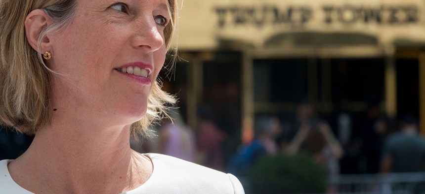 New York State Attorney General candidate Zephyr Teachout stands across from Trump Tower during her cross-endorsement news conference with New York Democratic gubernatorial candidate Cynthia Nixon.