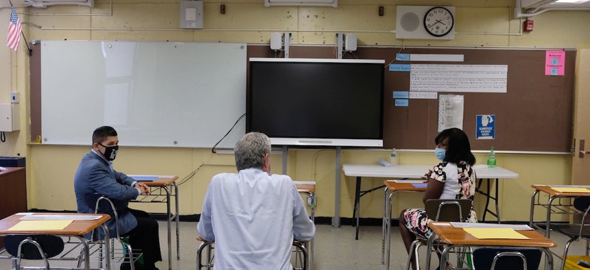 NYC Mayor Bill de Blasio visiting Village Academy in Queens on August 12, 2020.