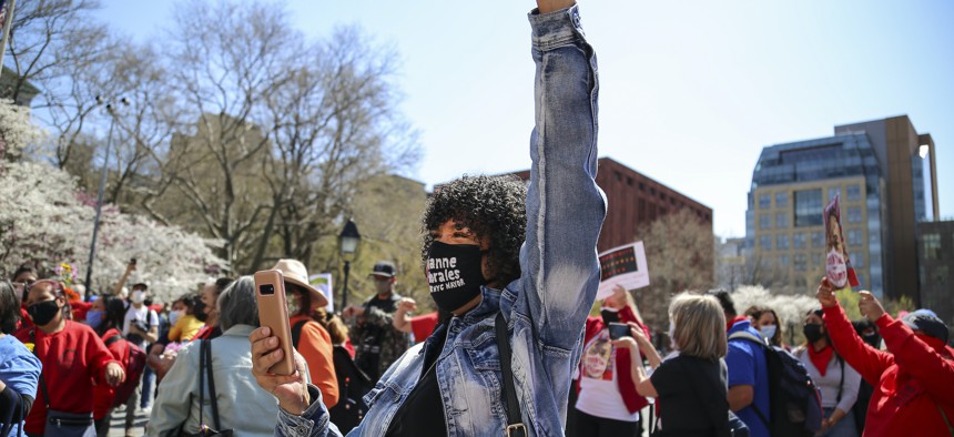 Dianne Morales an excluded workers victory rally.