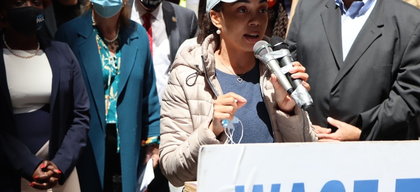 Assembly Labor Chair Latoya Joyner spoke at a May 6 rally in Manhattan highlighted a bill she is sponsoring to crack down on wage theft.