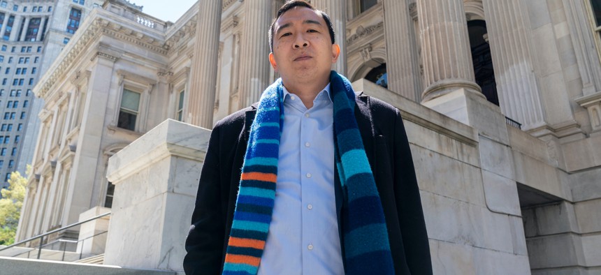 Andrew Yang at a press conference on May 11.