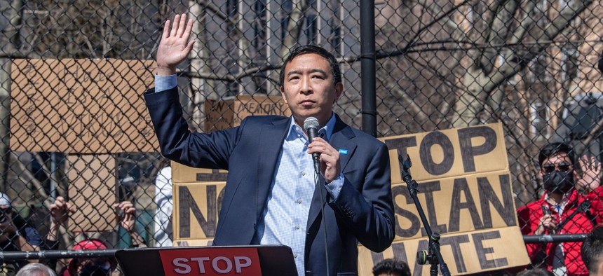 Mayoral candidate Andrew Yang at a rally against hate in Columbus Park.