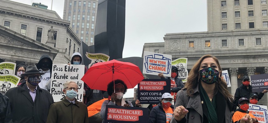 Assembly Member Jessica González Rojas right speaks at an April 15 rally in Manhattan promoting the Compassionate New York legislative agenda