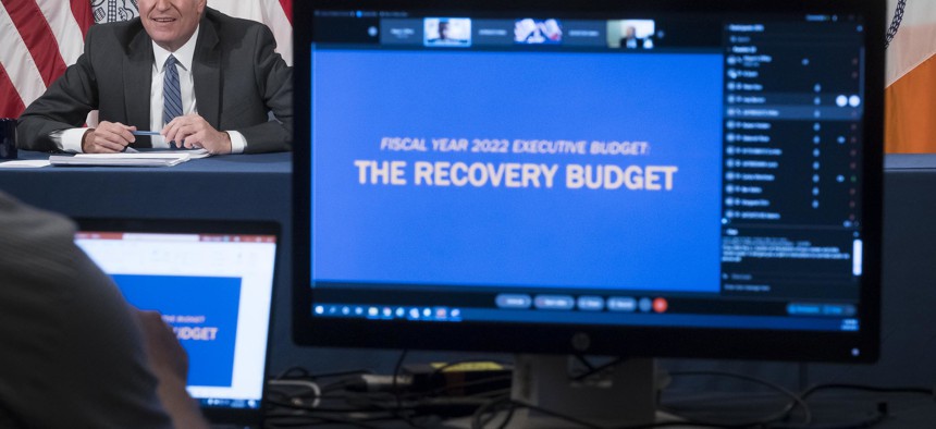 Mayor Bill de Blasio unveiling the 2022 budget.