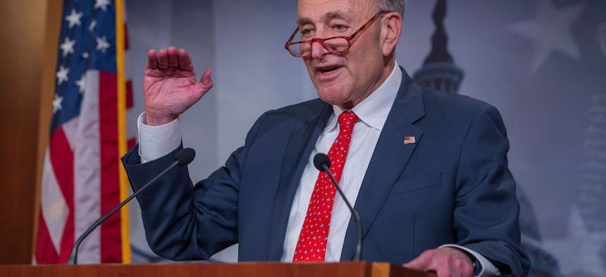 Democratic Senate Minority Leader Chuck Schumer speaks to the media after the Senate passed the Coronavirus Aid, Relief, and Economic Security Act.