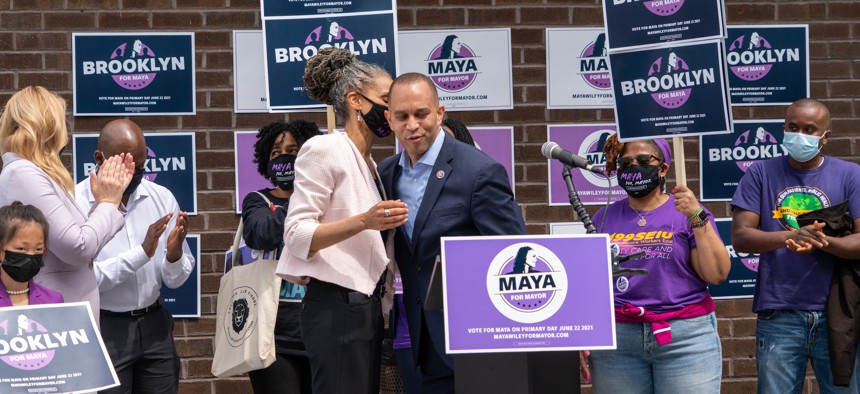 Hakeem Jeffries endorsing Maya Wiley for Mayor on May 16.