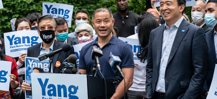 John Liu endorsing Andrew Yang on May 24.