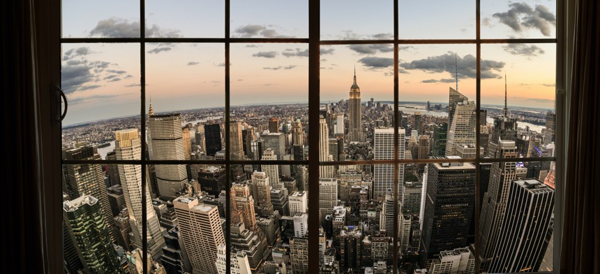 Manhattan view from an NYC apartment building.