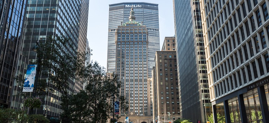 View to the Grand Central Terminal and the Met Life Building from Park Avenue